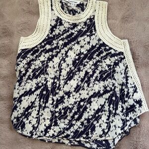 Elizabeth and James Navy and Cream Patterned Tank w/ crochet trim; XS runs big